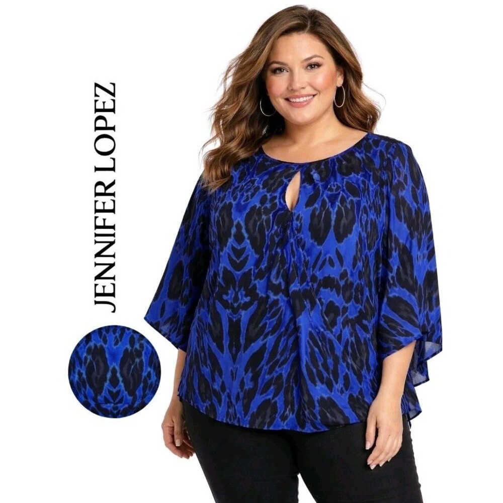 JENNIFER LOPEZ Womens 2X Sheer Faux Wrap Animal 3/4 Kimono Sleeve Blue Black Top